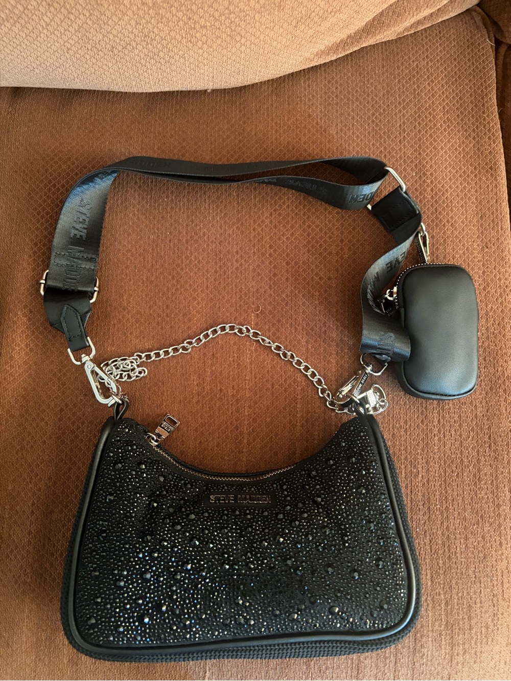 Steve Madden Black Embellished Crossbody with Chain and Strap